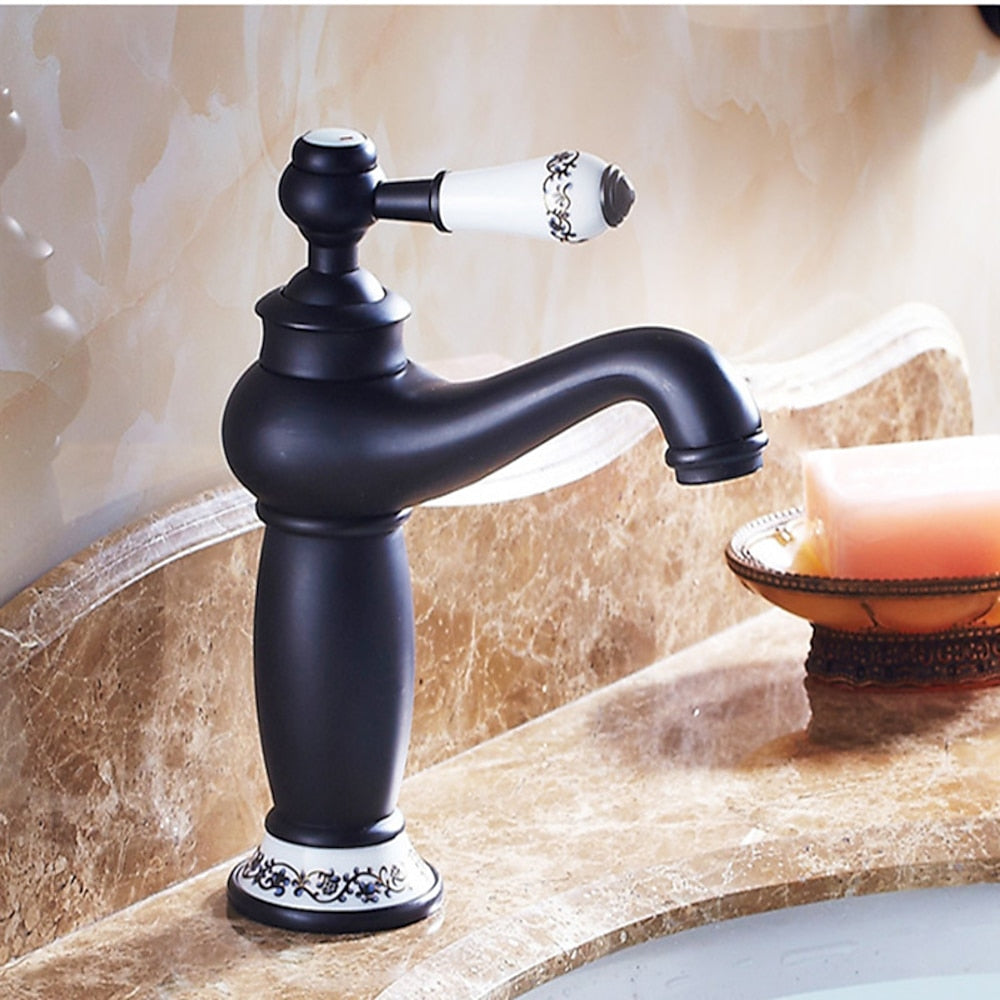Vintage Single-Hole Bathroom Faucet, Single-Handle Brass Vanity Faucet with Ceramic Floral Accent