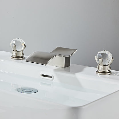 Waterfall Widespread Bathroom Sink Faucet, Double Crystal Knob Handle Deck Mounted Faucet, Matte Black / Chrome / Brushed Gold / Brushed Nickel / Gunmetal / PVD