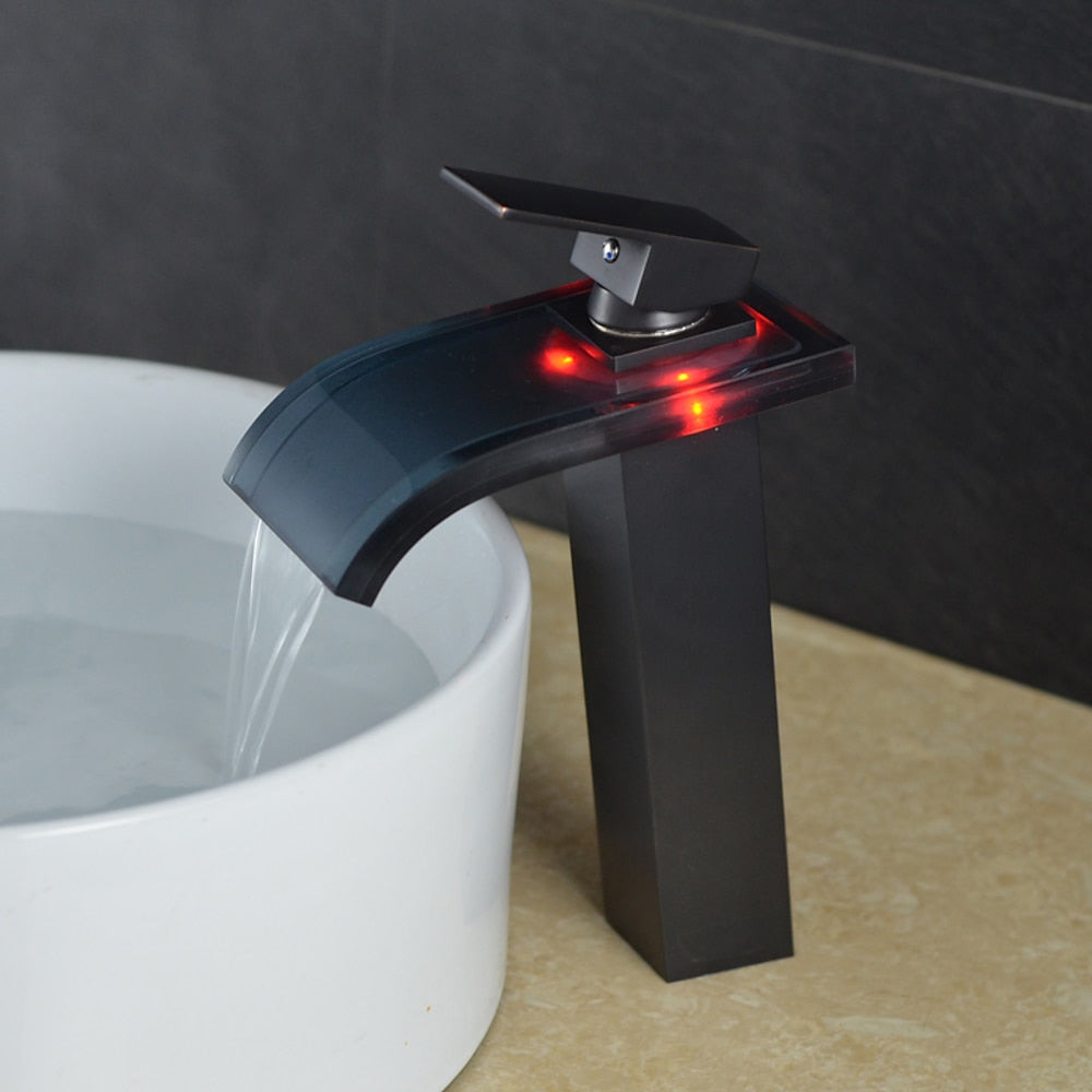 LED Glass Waterfall Bathroom Faucet, Single-Handle Single-Hole Faucet, Brushed Nickel / Brushed Gold / Matte Black / Chrome