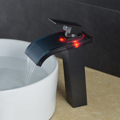 LED Glass Waterfall Bathroom Faucet, Single-Handle Single-Hole Faucet, Brushed Nickel / Brushed Gold / Matte Black / Chrome
