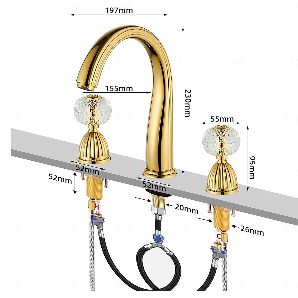 Polished Gold Modern 3-Hole Widespread Bathroom Sink Faucet, High Arc Spout Faucet with Faceted Crystal Knob Handles