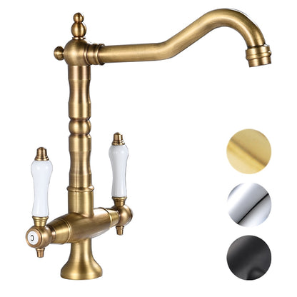 Antique Single-Hole Bathroom Faucet, Dual Ceramic Handle Swivel Spout Faucet, Antique Brass / Brushed Nickel / Chrome / Matte Black / Polished Gold