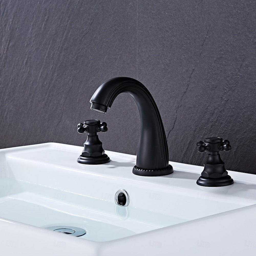 High Arc Brass Bathroom Sink Faucet, Double Cross Handle Widespread Faucet, Matte Black / Brushed Gold / Antique Brass