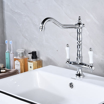 Antique Single-Hole Bathroom Faucet, Dual Ceramic Handle Swivel Spout Faucet, Antique Brass / Brushed Nickel / Chrome / Matte Black / Polished Gold