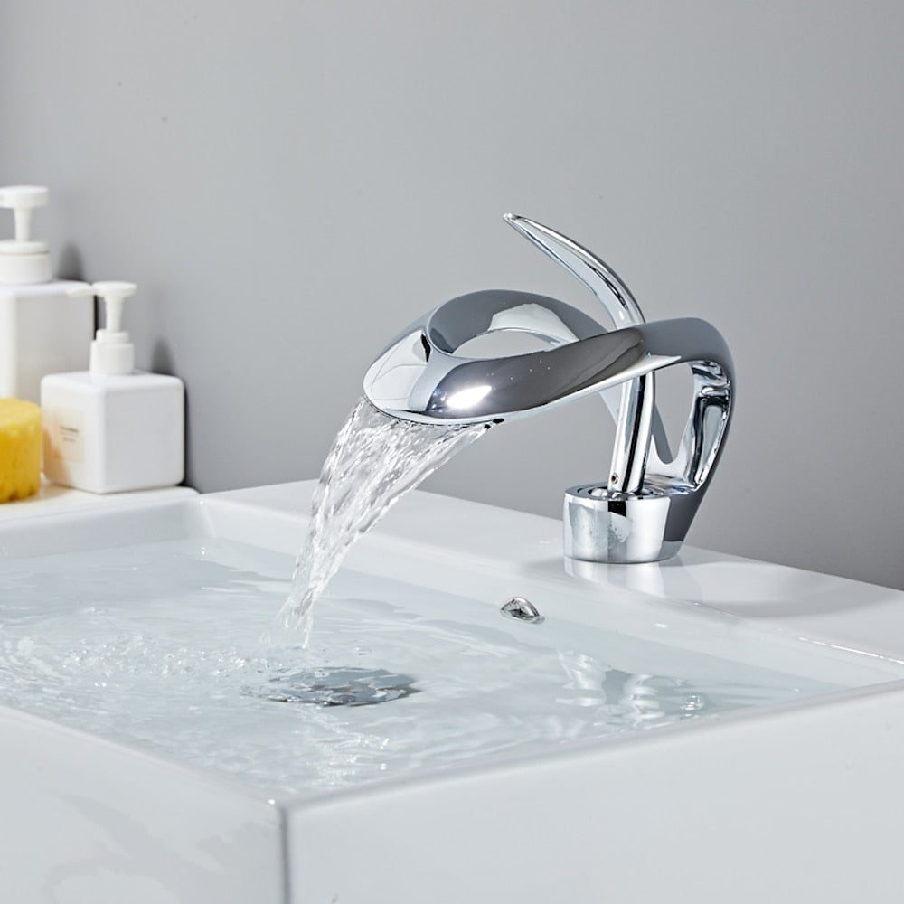 Modern Single-Hole Waterfall Vessel Faucet, Single-Handle Tall Body Bathroom Faucet, Matte Black / Chrome / Brushed Gold / Gunmetal / Matte White