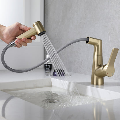 Pull-Out Single-Hole Bathroom Faucet, Single-Handle Brass Faucet, Brushed Gold / Chrome / Matte Black / Gunmetal