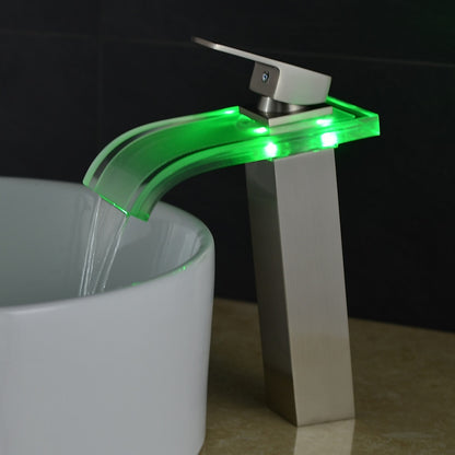 LED Glass Waterfall Bathroom Faucet, Single-Handle Single-Hole Faucet, Brushed Nickel / Brushed Gold / Matte Black / Chrome