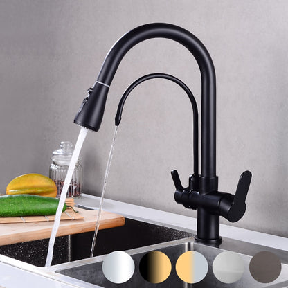 Modern 3-Way Pull-Down Kitchen Faucet, Dual-Handle Swivel Gooseneck Faucet, Gunmetal / Matte Black / Chrome / Matte White / Two-Tone / Antique Brass / Brushed Gold / Brushed Nickel