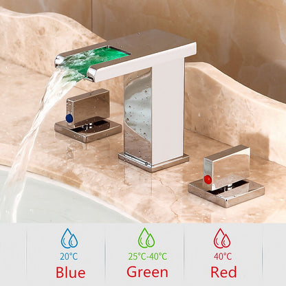 LED Waterfall Bathroom Faucet, Widespread Dual-Handle Faucet, Chrome / Matte Black