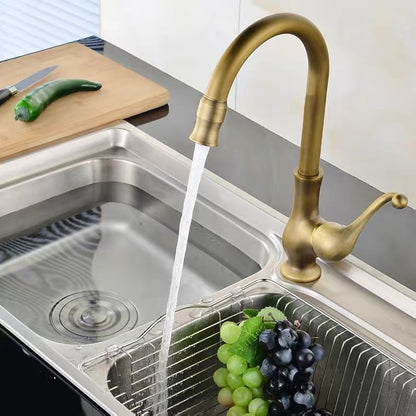 Antique Brass Traditional High Arc Kitchen Faucet, Single-Handle Single-Hole Brass Faucet with Swivel Spout