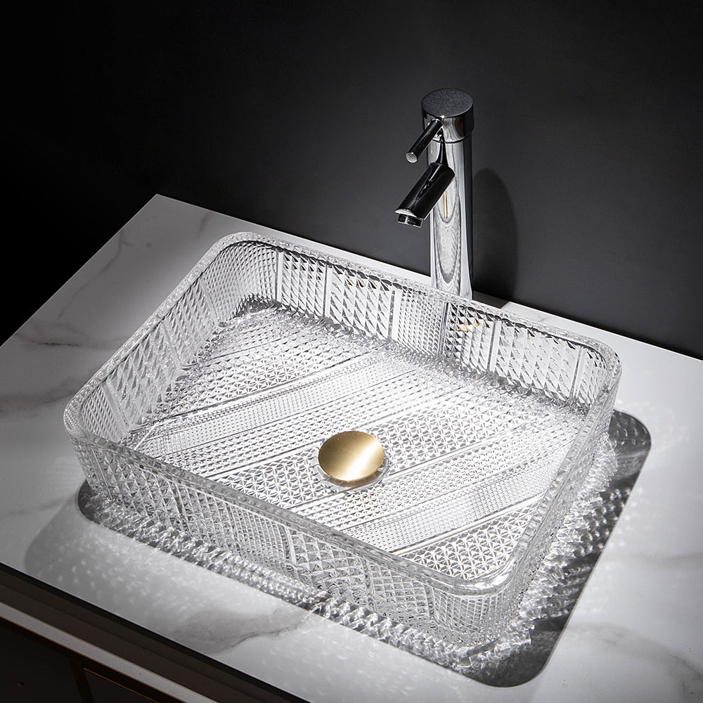Transparent Rectangular Glass Vessel Sink, Single-Handle Chrome Faucet / Gold Pop-Up Drain Vessel Sink Set