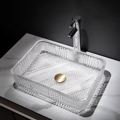 Transparent Rectangular Glass Vessel Sink, Single-Handle Chrome Faucet / Gold Pop-Up Drain Vessel Sink Set