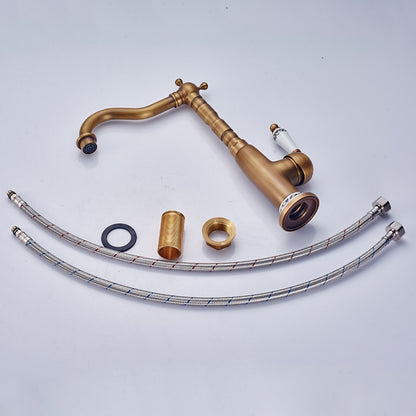 Antique Brass Traditional Single-Hole Bathroom Faucet, Single-Handle High Arc Vessel Sink Faucet with Ceramic Lever
