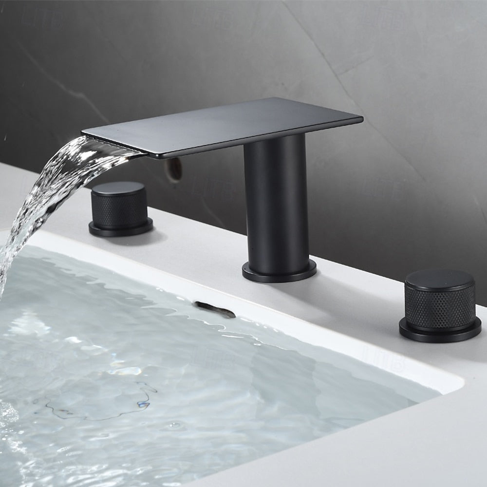 Modern Waterfall Bathroom Faucet, 3-Hole Dual-Handle Faucet, Gunmetal / Matte Black / Chrome
