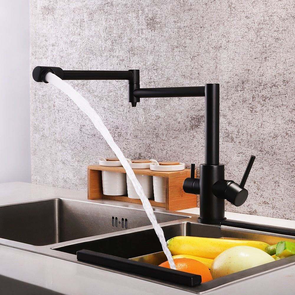 Foldable Dual-Joint Pot Filler Kitchen Faucet, Deck-Mount Single-Hole Two-Handle Faucet, Matte Black / Brushed Nickel