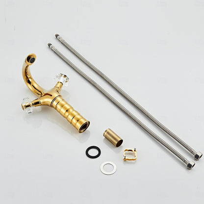 Polished Gold Single-Hole Bathroom Faucet, Dual-Handle High Arc Faucet with Crystal Knob Handles