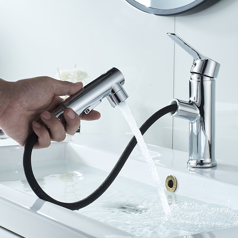 Modern Pull-Out Bathroom Faucet, Single-Handle Fountain Spout Faucet, Matte Black / Chrome