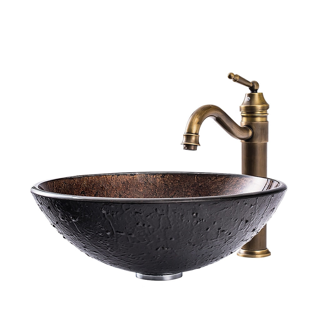 Antique Brass Round Tempered Glass Bathroom Vessel Sink, Faucet Combo, Single-Handle Faucet with Pop-Up Drain