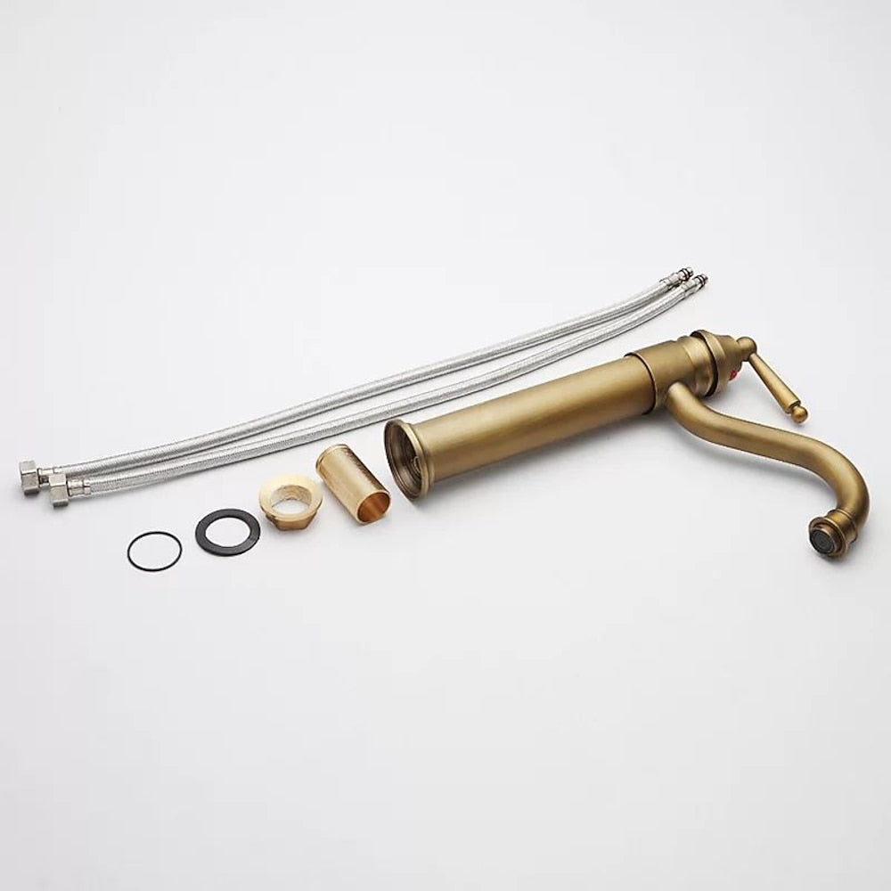 Antique Brass Traditional Single-Hole Vessel Sink Faucet, Single-Handle Brass Faucet, 360-Degree Swivel Spout Faucet