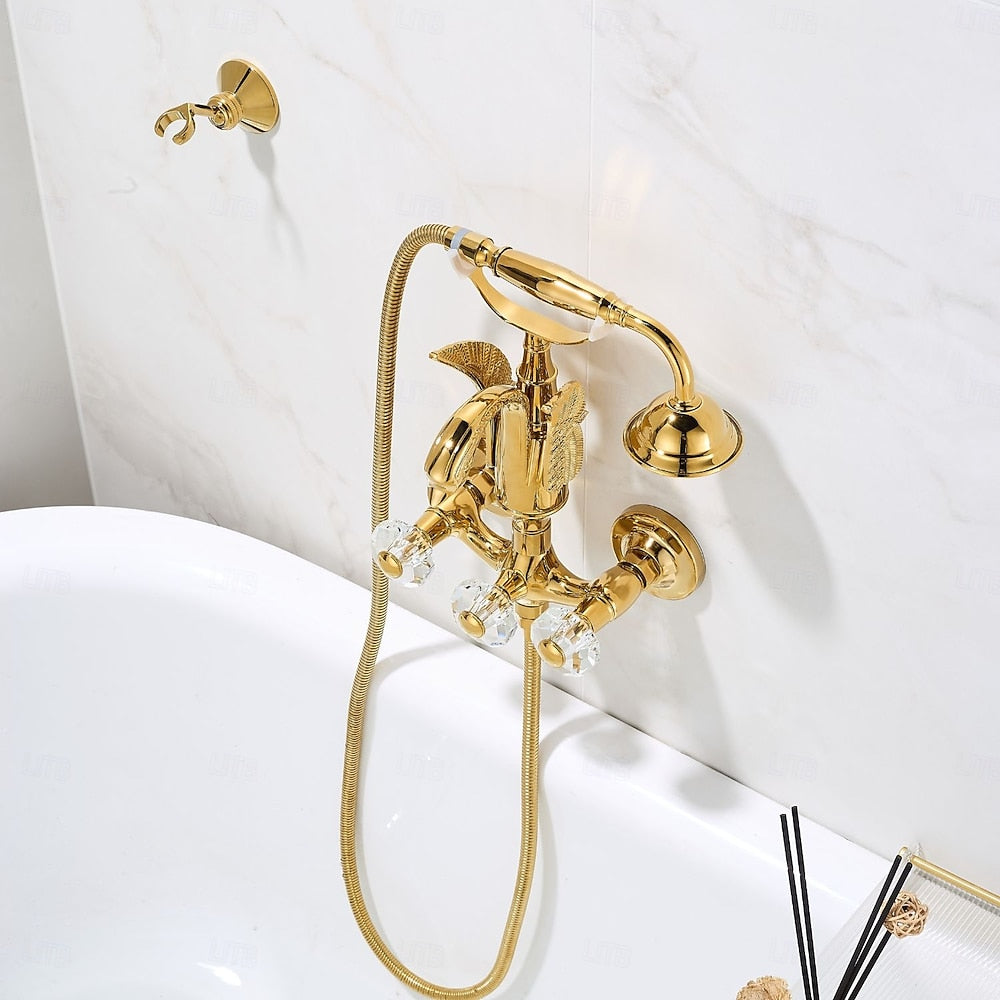 Polished Gold Swan Wall-Mount Bathtub Faucet, Vintage Dual-Handle Brass Tub Mixer with Handheld Shower