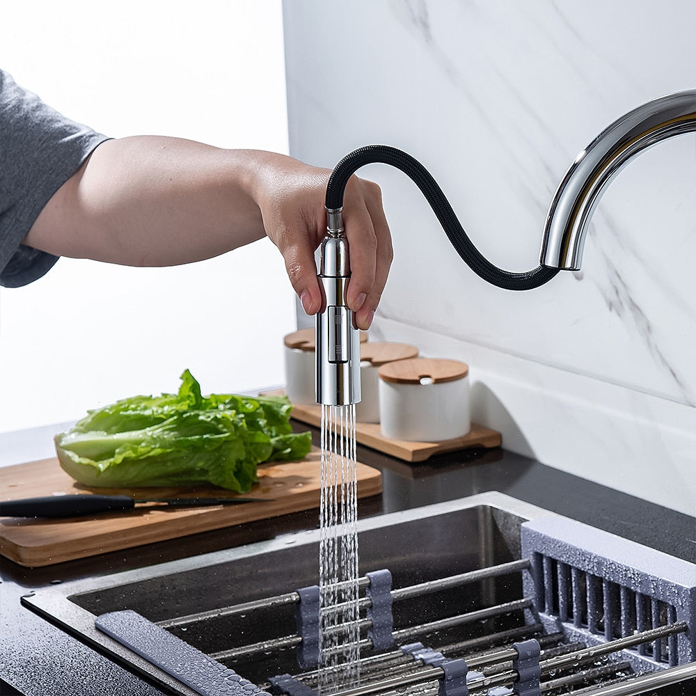 Modern Pull-Down Kitchen Faucet, Single-Handle Swivel Spout Faucet, Matte Black / Brushed Gold / Brushed Nickel / Chrome / Gunmetal