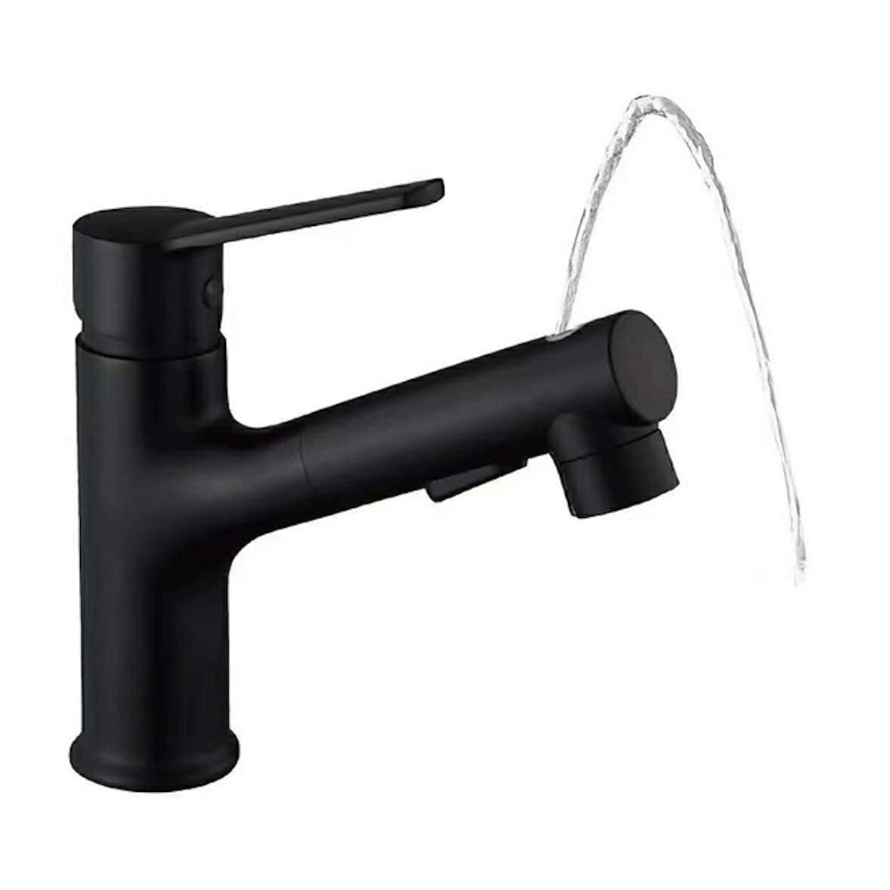 Pull-Out Single-Hole Bathroom Faucet, Single-Handle Basin Tap, Matte Black / Chrome