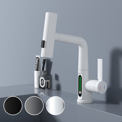Modern LED Temperature Display Pull-Out Bathroom Faucet, Single-Handle Swivel Faucet, Matte Black / Chrome / Matte White / Gunmetal