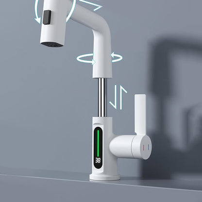 LED Digital Display Waterfall Bathroom Faucet, Single-Handle Pull-Out Faucet, Chrome / Gunmetal / Matte Black / Matte White