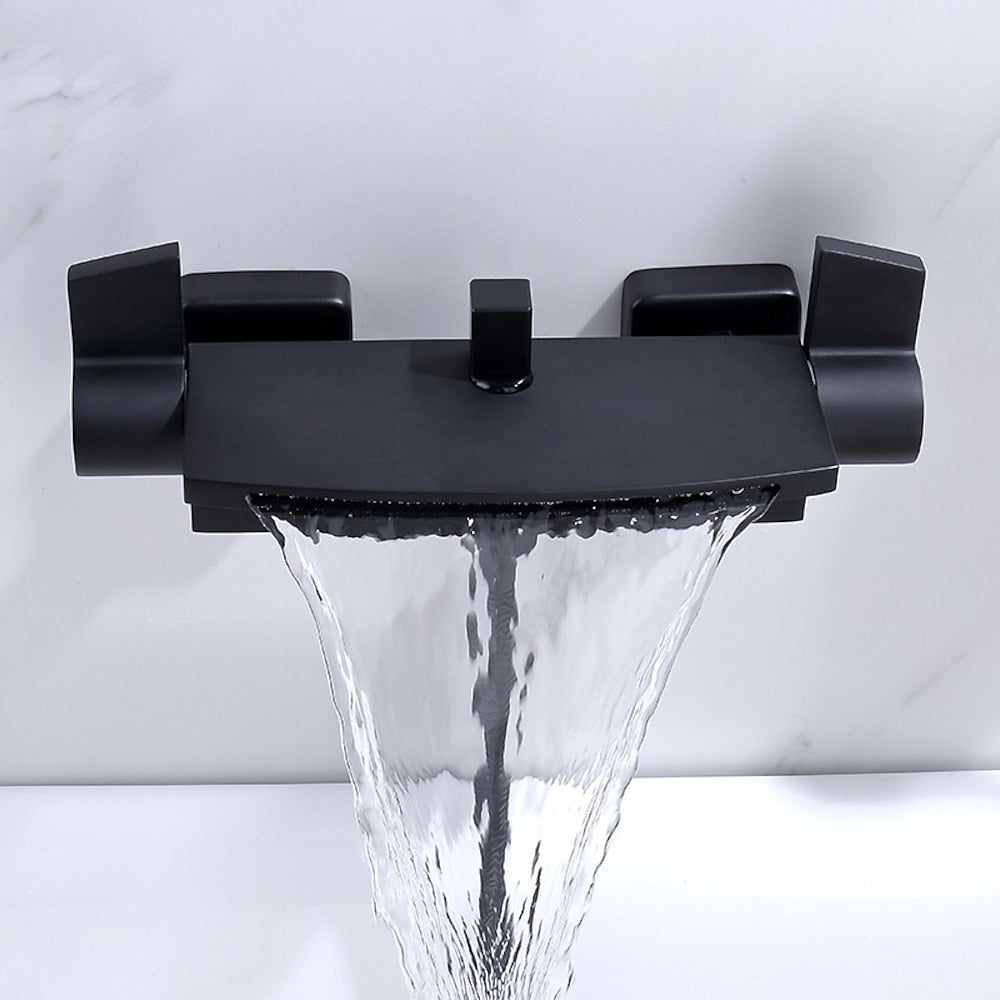 Waterfall Wall-Mount Tub Filler, Modern Brass Dual-Handle Bathtub Faucet with Handheld Shower, Chrome / Matte Black