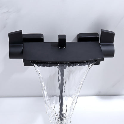 Waterfall Wall-Mount Tub Filler, Modern Brass Dual-Handle Bathtub Faucet with Handheld Shower, Chrome / Matte Black