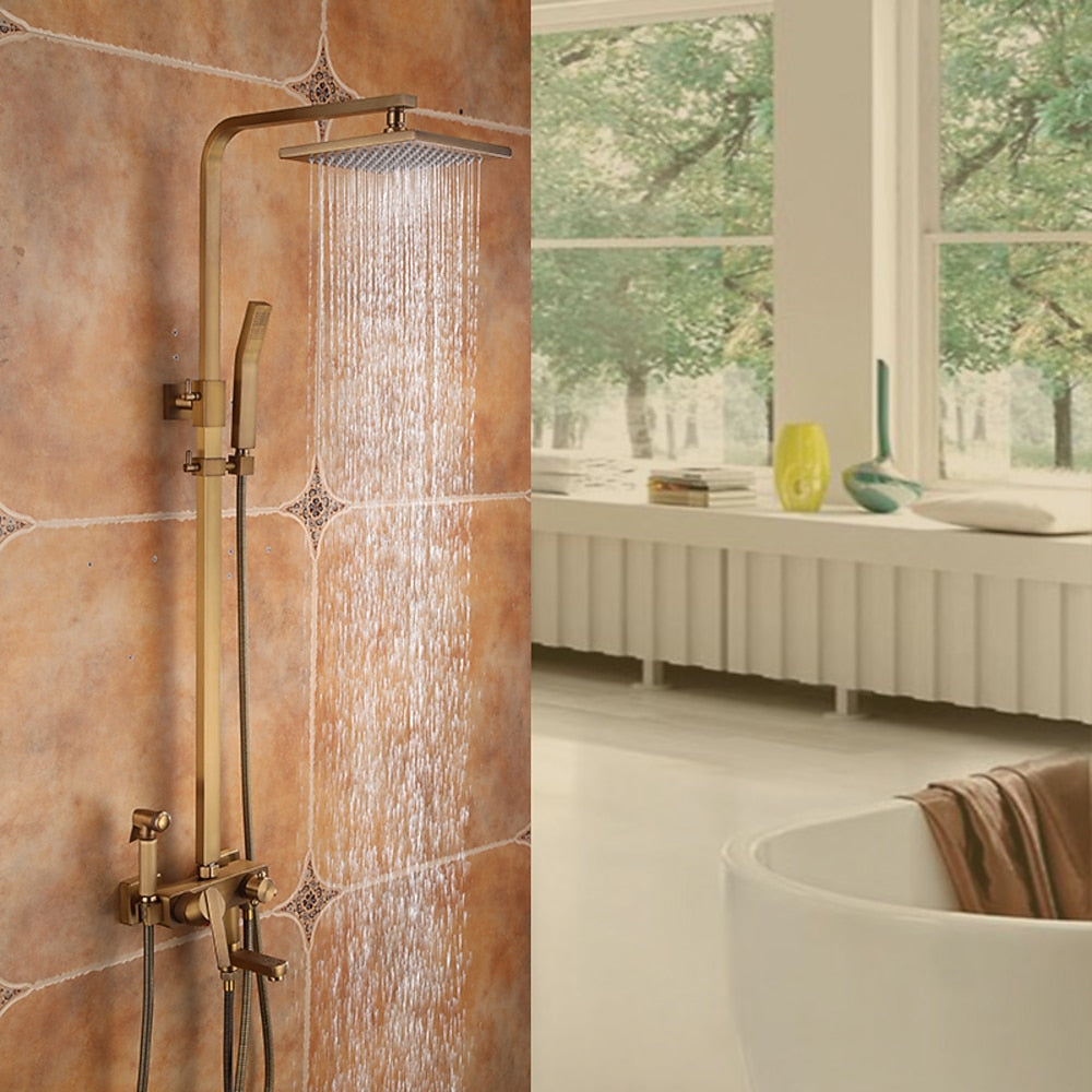 Rainfall Wall-Mounted Shower System, Single-Handle Tub Spout Faucet, Antique Brass / Brushed Nickel