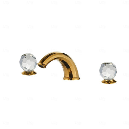 Polished Gold Modern Widespread Bathroom Faucet, Dual Crystal Knob Handles Faucet