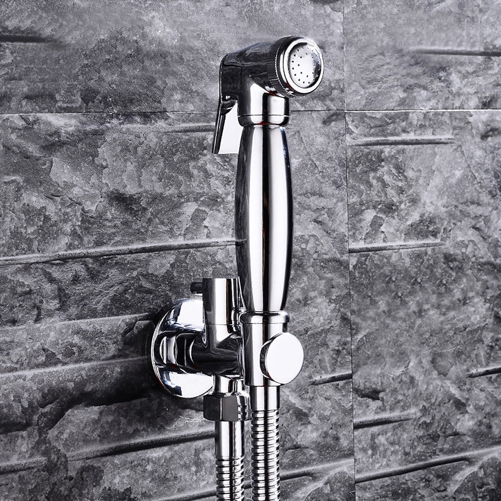 Chrome Contemporary Wall-Mount Handheld Bidet Sprayer, Single-Handle Brass Faucet with Hose