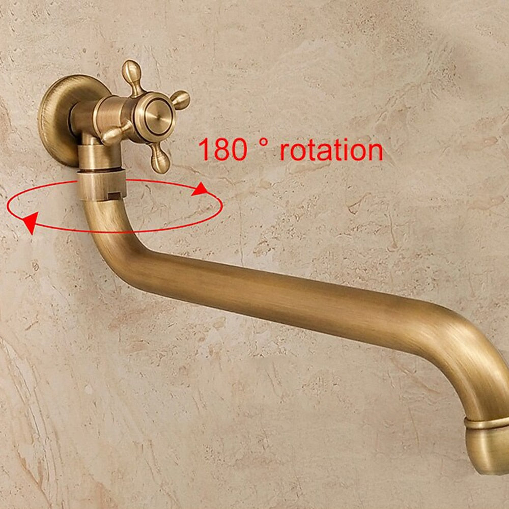 Antique Brass Vintage Wall-Mount Faucet, Single-Cold Single-Handle Faucet with Rotatable High-Arc Spout