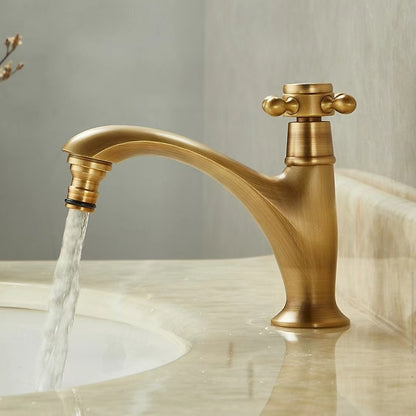 Traditional Antique Brass Single-Hole Bathroom Sink Faucet, Single Cross Handle Brass Vanity Faucet
