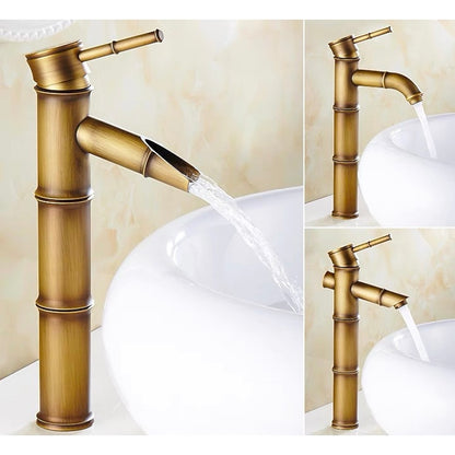 Antique Brass Vintage Single-Hole Faucet, Single-Handle Bamboo Vessel Sink Faucet
