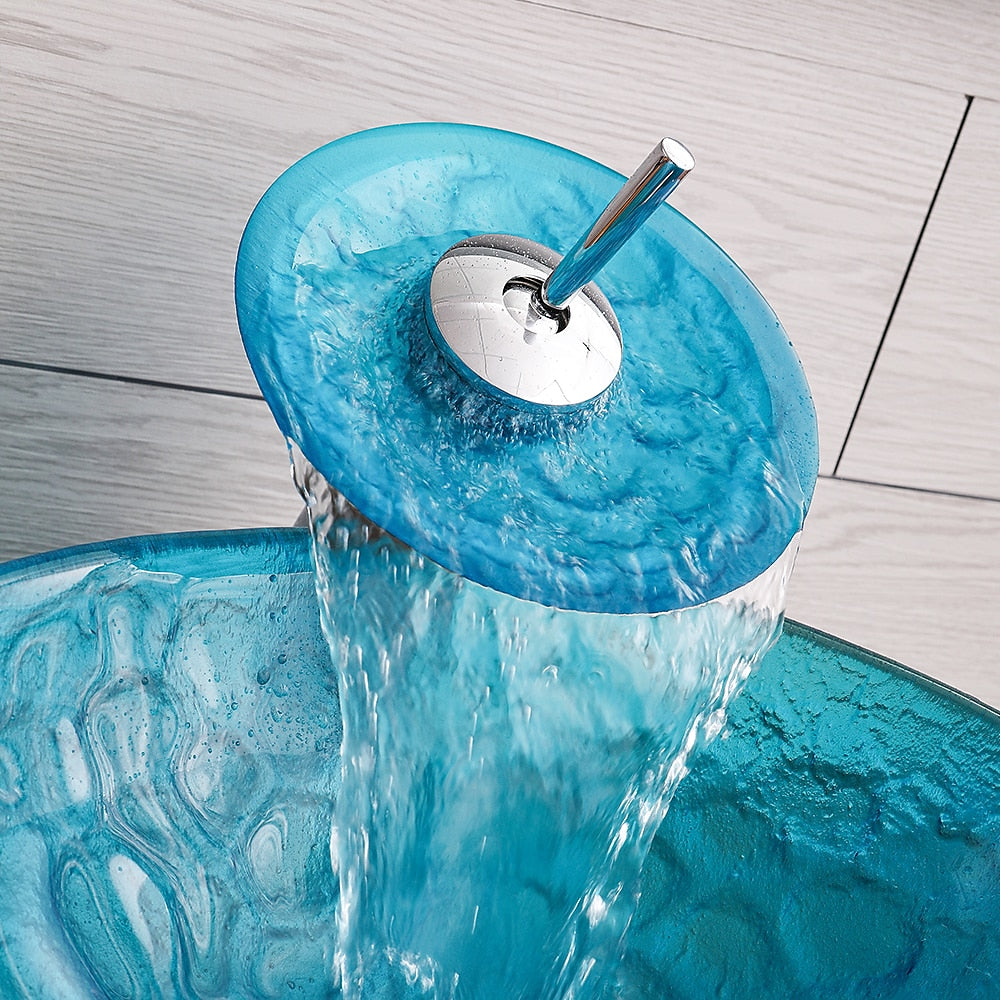 Blue Tempered Glass Vessel Sink with Chrome Waterfall Faucet, Modern Single-Hole Bathroom Vanity Basin Set with Pop-Up Drain