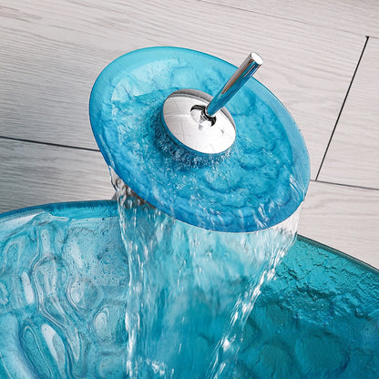 Blue Tempered Glass Vessel Sink with Chrome Waterfall Faucet, Modern Single-Hole Bathroom Vanity Basin Set with Pop-Up Drain