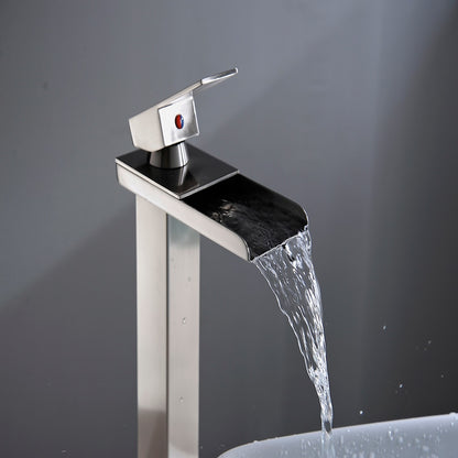 Brushed Nickel Modern Waterfall Vessel Bathroom Faucet, Single-Handle Tall Basin Faucet