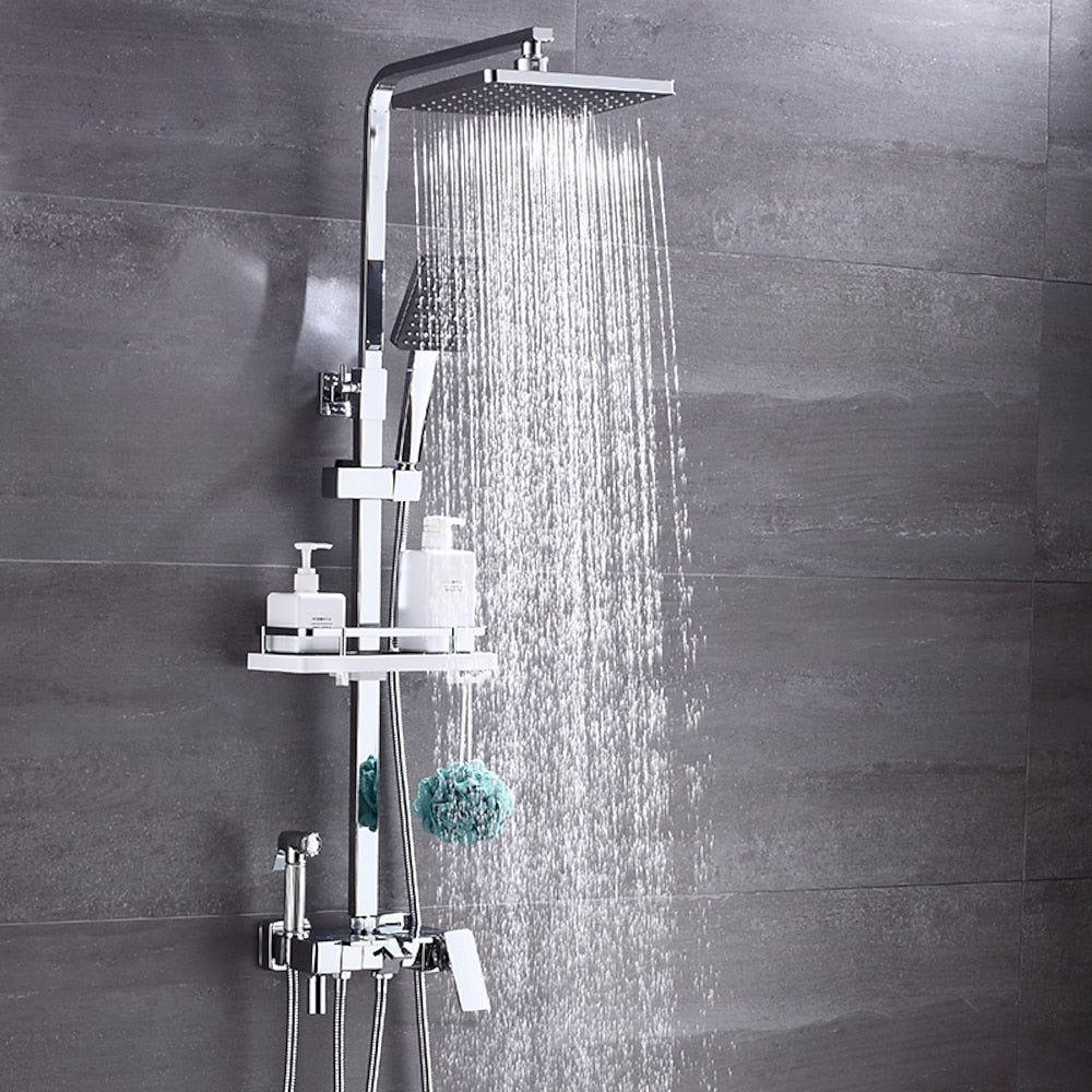 Modern Rainfall Tub Shower System, Wall-Mounted Exposed Shower Faucet with Handheld Spray