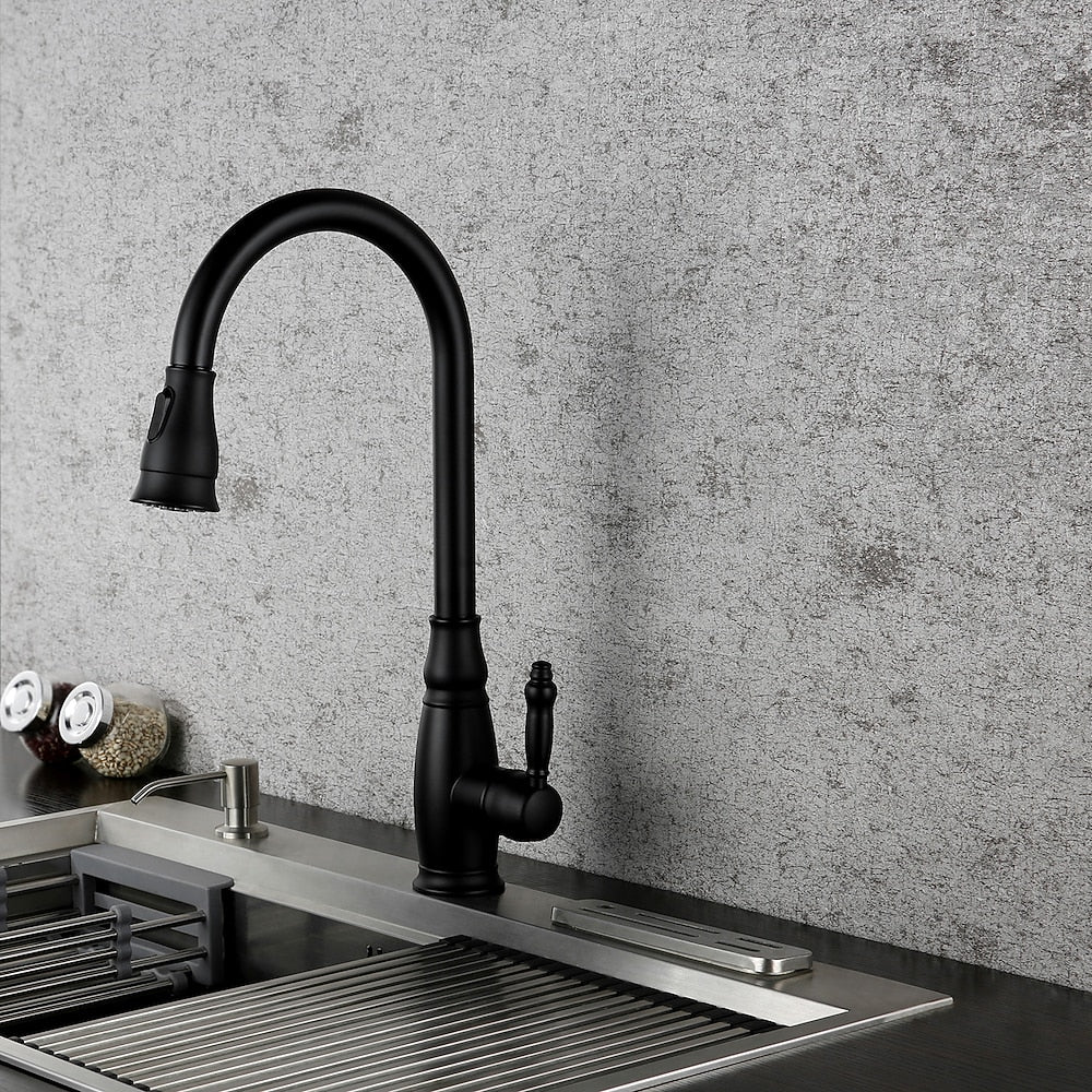 Oil-Rubbed Bronze Pull-Down Kitchen Faucet, Traditional Single-Handle Brass Faucet