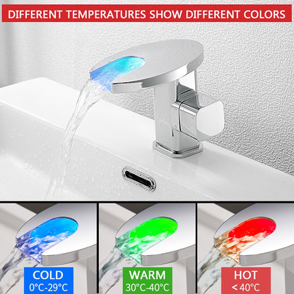 LED Waterfall Bathroom Faucet, Single-Handle Deck-Mount Faucet, Matte Black / Chrome / Polished Gold / Matte White