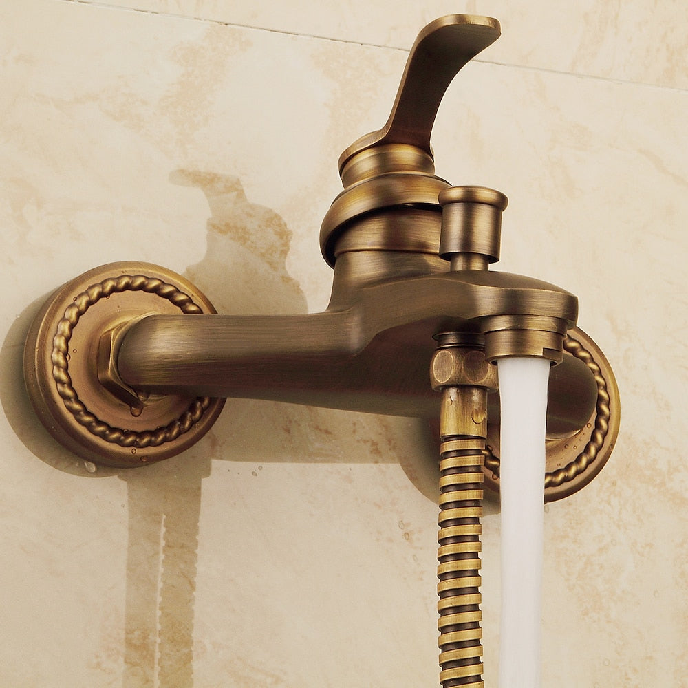 Antique Brass Traditional Wall-Mount Tub Faucet, Single-Handle Tub Filler with Handheld Shower