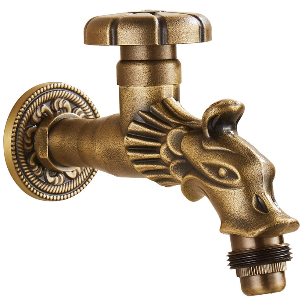 Vintage Dragon Wall-Mount Garden Faucet, Single Wheel Handle Outdoor Faucet, Antique Brass / Matte Black / Brushed Gold
