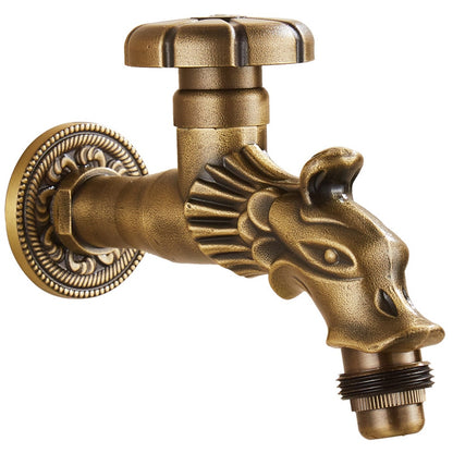 Vintage Dragon Wall-Mount Garden Faucet, Single Wheel Handle Outdoor Faucet, Antique Brass / Matte Black / Brushed Gold
