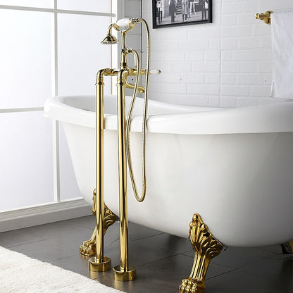 Polished Gold Retro Vintage Tub Filler Faucet, Floor-Mount Three-Handle Faucet with Handheld Shower