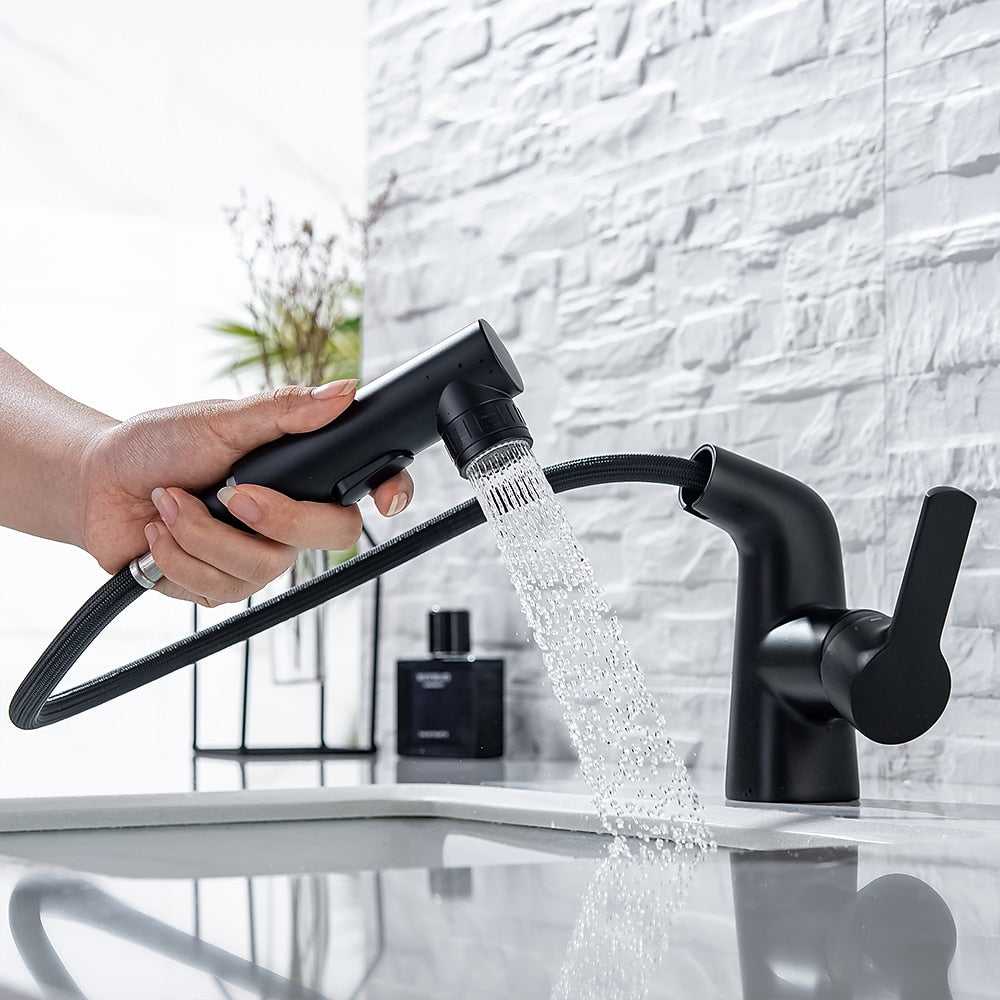 Modern Pull-Out Bathroom Sink Faucet, Single-Handle Swivel Spout Faucet, Brushed Gold / Chrome / Matte Black / Gunmetal