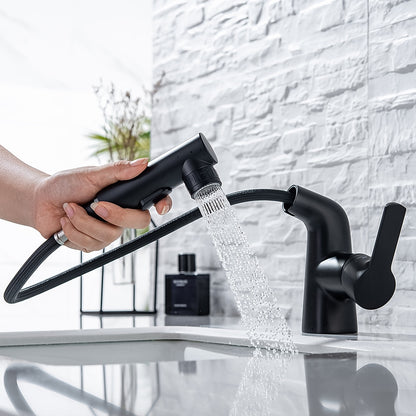 Modern Pull-Out Bathroom Sink Faucet, Single-Handle Swivel Spout Faucet, Brushed Gold / Chrome / Matte Black / Gunmetal