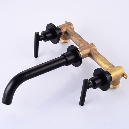 Wall-Mount Bathroom Sink Faucet, Double-Handle Brass Basin Faucet with Rough-in Valve, Matte Black / Chrome