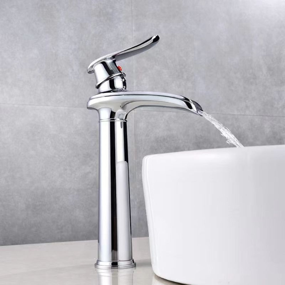 Waterfall Single-Hole Bathroom Faucet, Single-Handle Brass Faucet, Chrome / Matte Black / Brushed Nickel / Antique Brass / PVD